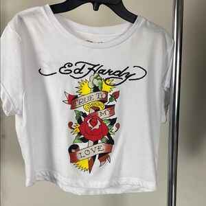 Ed Hardy White Crop Top with Colorful Tattoo Design